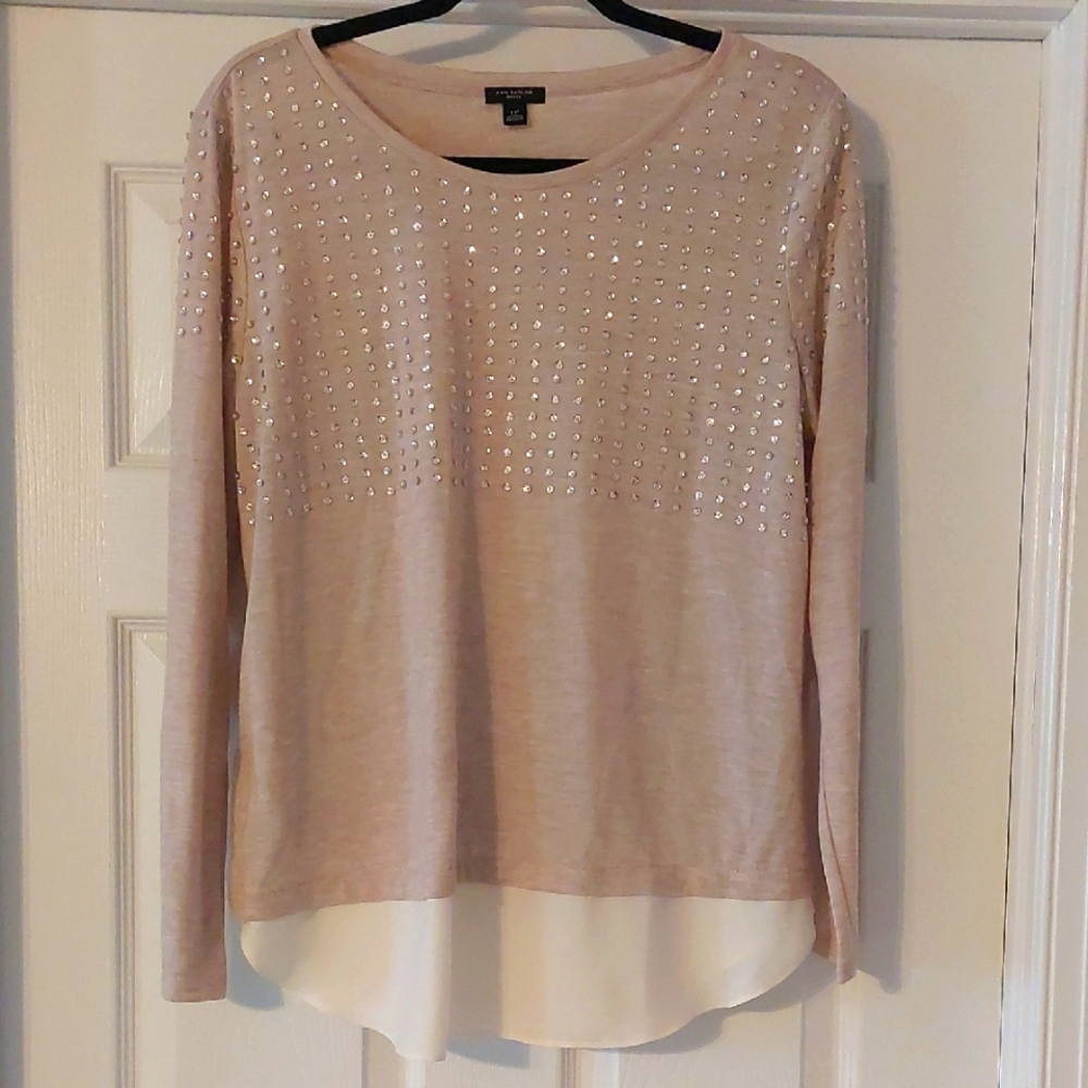 Ann Taylor Light Tan Long Sleeve Blouse with Embellishments, Large Petite